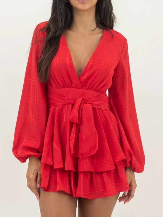 Dresses & Skirts - Red V-Neck Tiered romper dress with Waist Tie